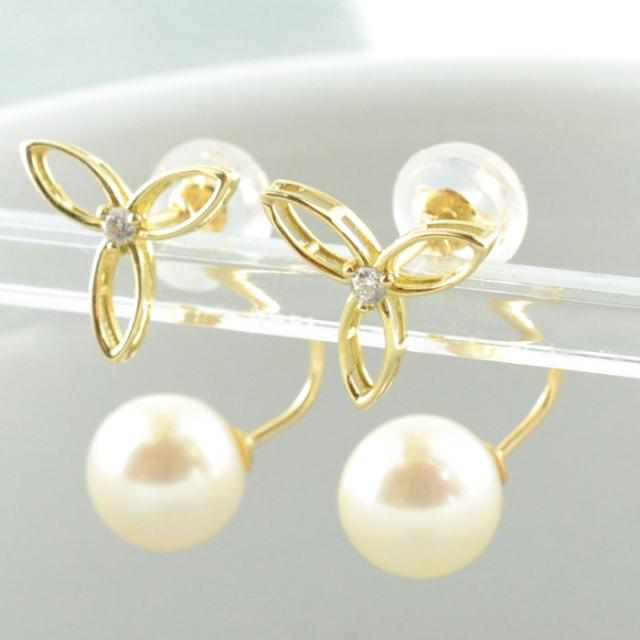 パール ピアス K18 天然ダイヤモンド 18K 18金 2way フラワー ゴールド 