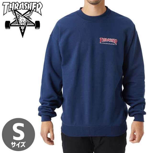 スラッシャー スウェット THRASHER Sサイズ USAモデル EMBROIDERED OUTLINED CREWNECK SWEATSHIRT ネイビー NO24