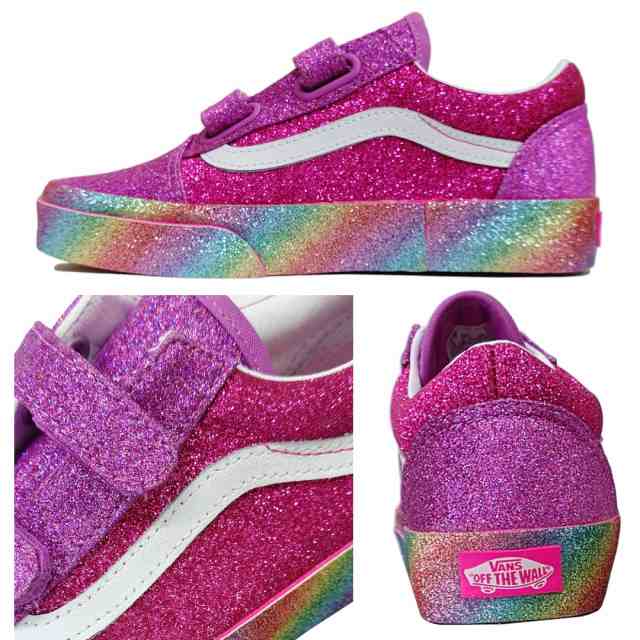 VANS バンズ スケート キッズ シューズ USA企画 GLITTER RAINGLOW OLD SKOOL V SHOES ピンク/マルチ NO26