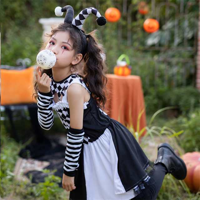 最安 ハロウィン ピエロ キッズ 衣装 四点セット 子供 女の子 コスプレ衣装 サーカス ピエロ服 道化師 クラウン 仮装セット piero コスプレ  コスチューム衣装