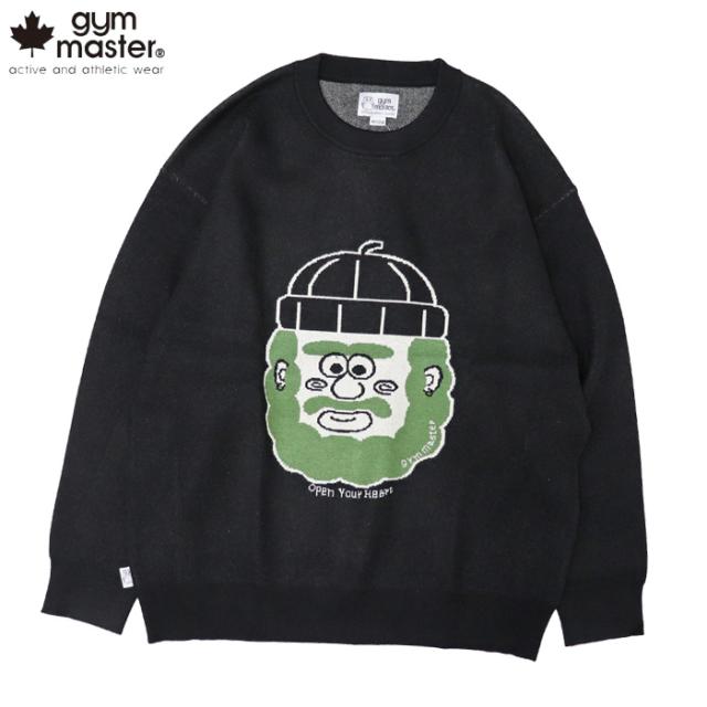 ジムマスター ニット 長袖 ジャガード ニット クルーネック ブラック メンズ レディース gym master open your heart Knit