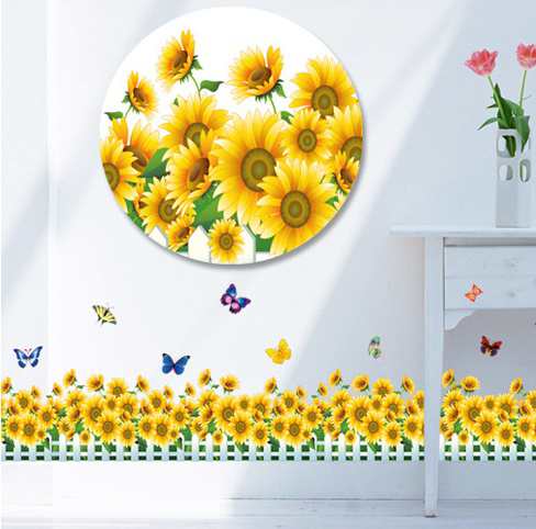 ウォールステッカー ひまわりと蝶々 花壇風 壁紙シール 向日葵 黄色い