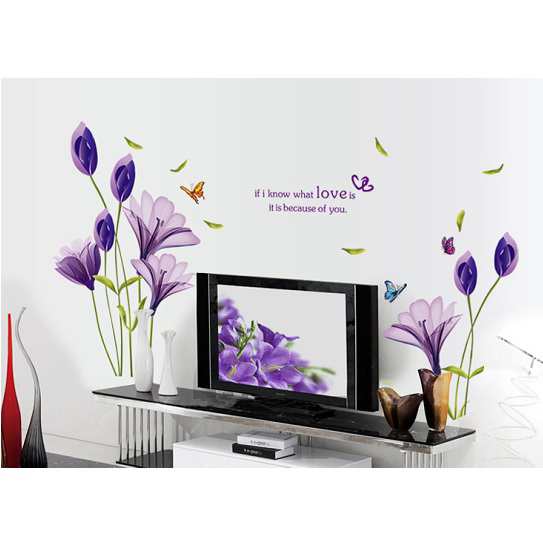 ウォールステッカー 紫のユリの花 蝶 壁紙シール ラブリー はなびら 蕾