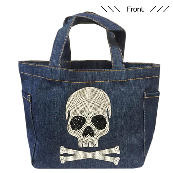デニム ミニ トートバッグ スカル キラキラストーン サイドポケット付 コンパクト デニム 髑髏 ドクロ エコバッグ メール便送料無料 の通販はau Pay マーケット Re Make