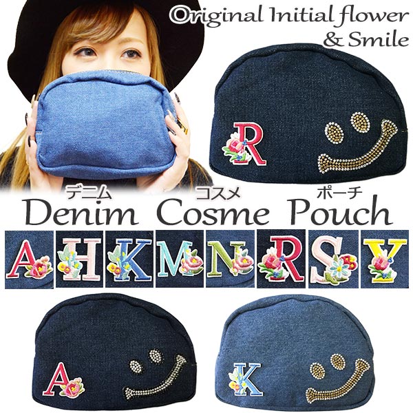 イニシャル ニコちゃん デニム ポーチ ミニ コスメポーチ 名入れ 化粧ポーチ フラワー スマイル キラキラ 小物入れ メール便送料無料 の通販はau Pay マーケット Re Make