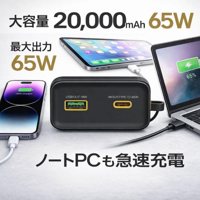 モバイルバッテリー 20000mAh 65W 急速充電 PD対応 USB-C 大容量 準