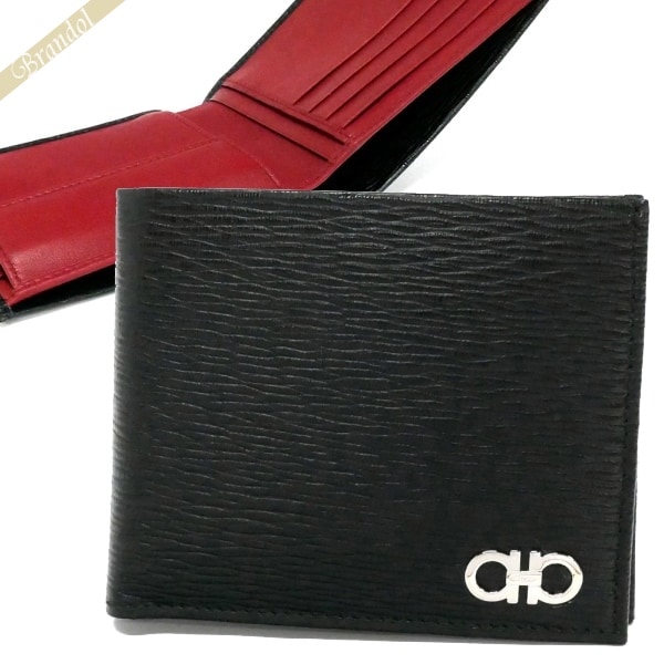 フェラガモ Ferragamo メンズ 二つ折り財布 ダブルガンチーニ レザー ブラック×レッド 66 A065 0685986の通販は