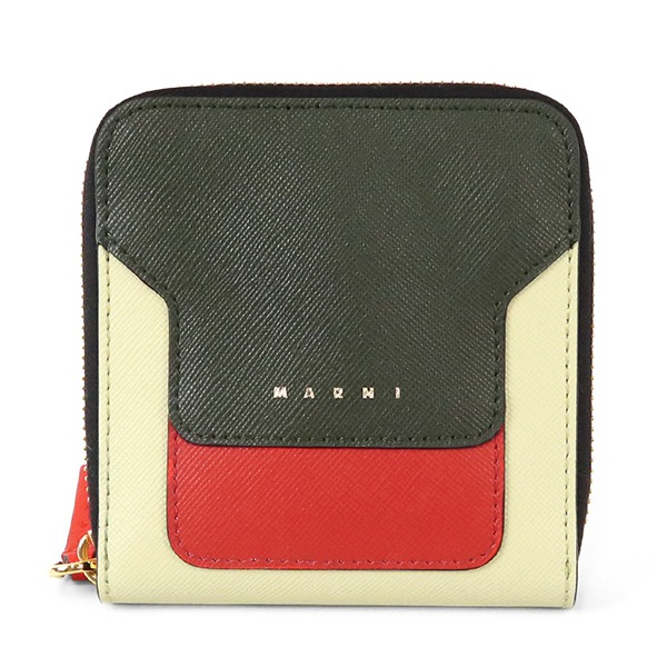 マルニ MARNI レディース 二つ折り財布 レザー ラウンドファスナーウォレット ダークグリーン×レッド×ライトイエロー PFMOQ09U12 LV520 Z412Nの通販は