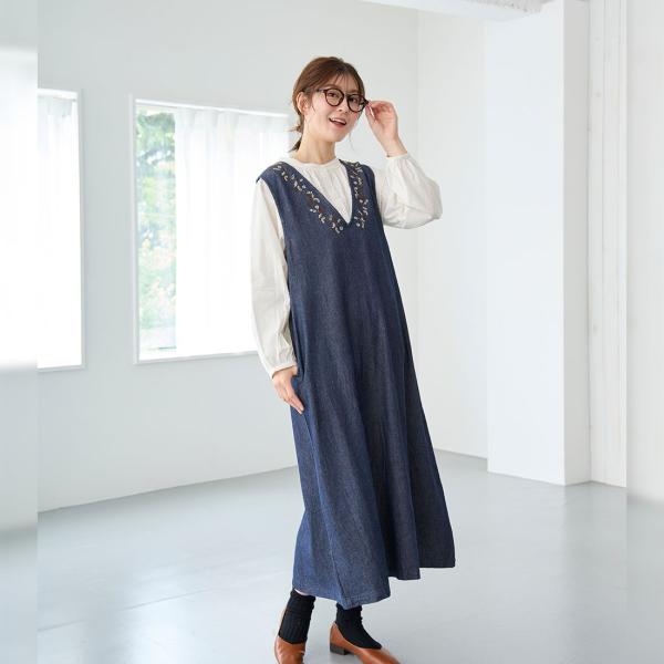 デニム ジャンパースカート ワンピ ロング Vネック ワンピース 秋冬