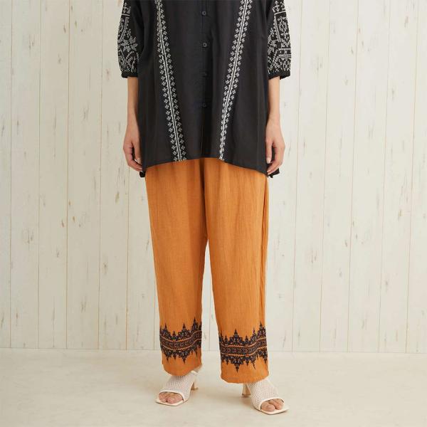 刺繍 リラックスパンツ サロン プリント ワイドパンツ かわいい