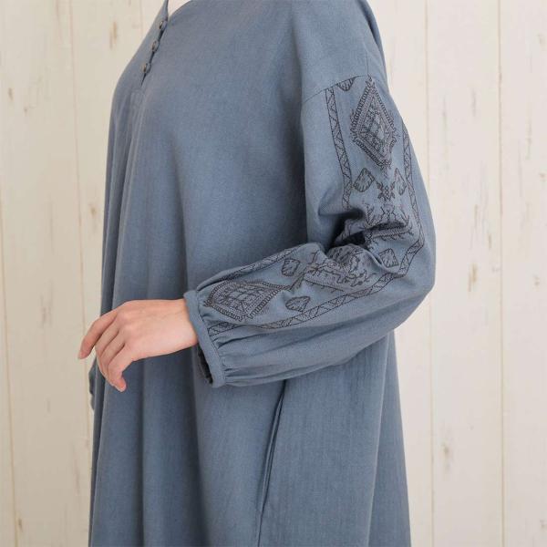 刺繍 チュニック ワンピ ヘリンボーン秋冬 ロング ワンピース おしゃれ