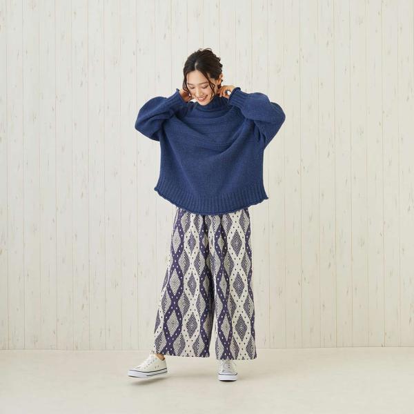 ジャガード パンツ 織り 秋冬 ワイド らくちん ストレート モノトーン