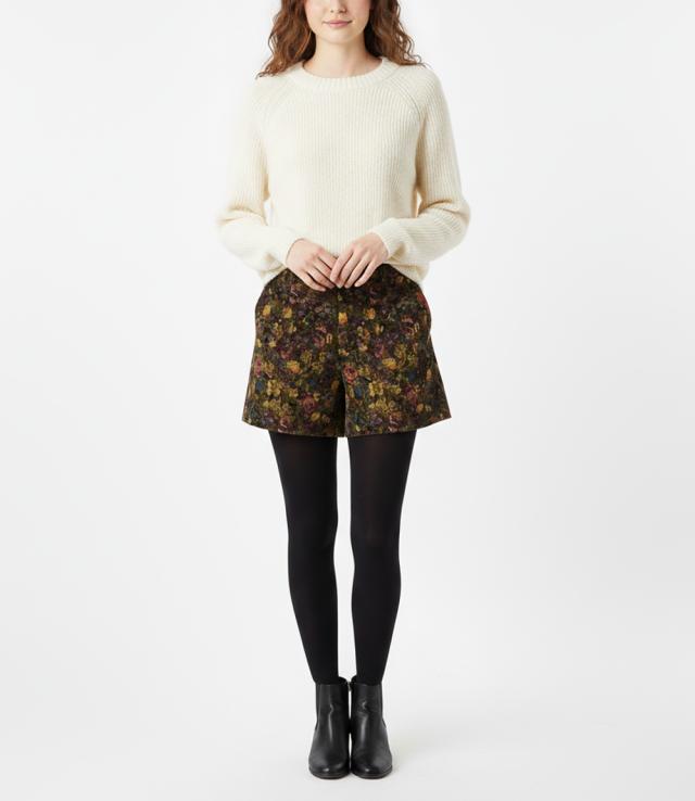 ゴブラン プリント ショートパンツ スエード パールマシェール 秋冬 フラワー柄 柄パン 秋冬 梅春 日本製 ブラック 黒