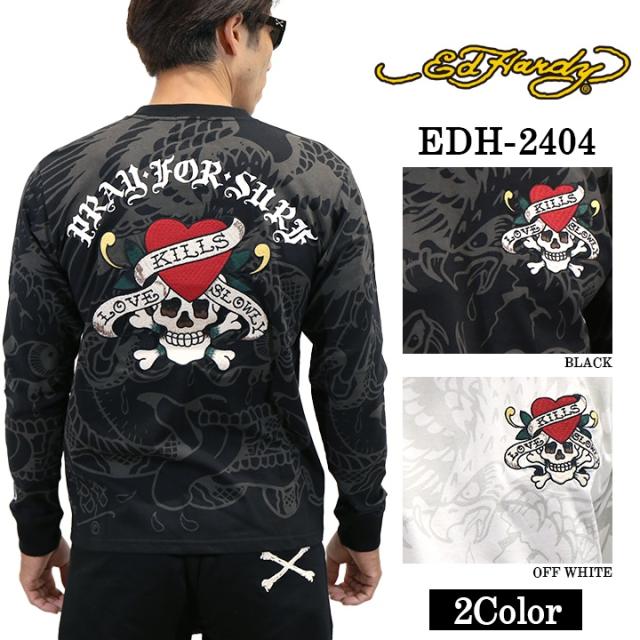 Ed Hardy エドハーディー 刺繍プリント 天竺 長袖Tシャツ メンズ ロンTEE edh-2404