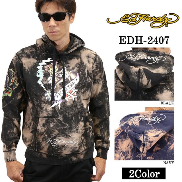 Ed Hardy エドハーディー 刺繍プリント 裏毛 プルパーカー ブリーチ加工 edh-2407