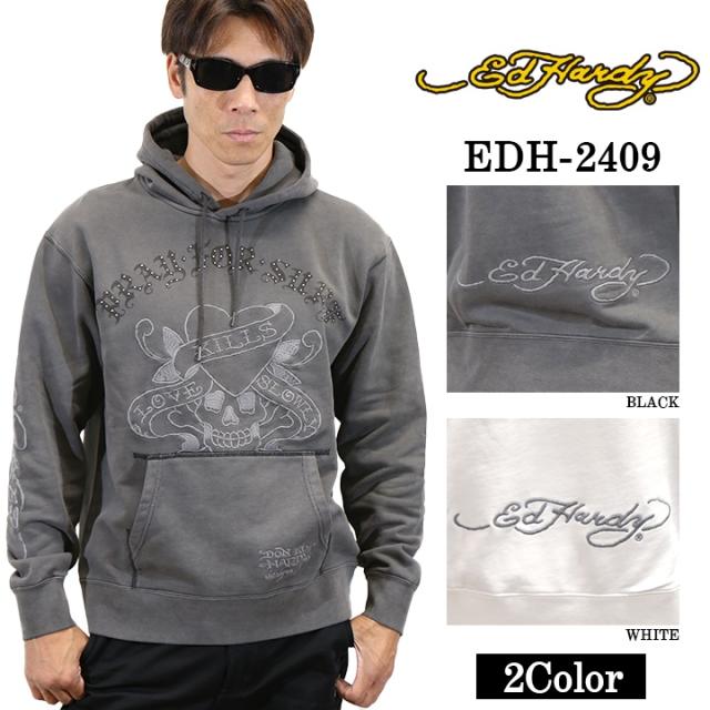 Ed Hardy エドハーディー 刺繍プリント 裏毛 ピグメント BIGシルエット プルパーカー edh-2409