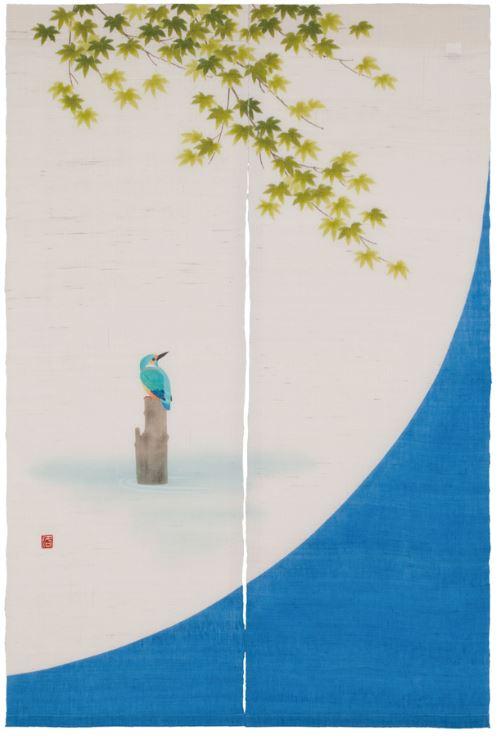 送料無料（沖縄・北海道は除外）　手描きのれん　『楓にかわせみ』　79ｃｍ幅　初夏　四季　麻　インテリア　和風　暖簾の通販は 19,250円