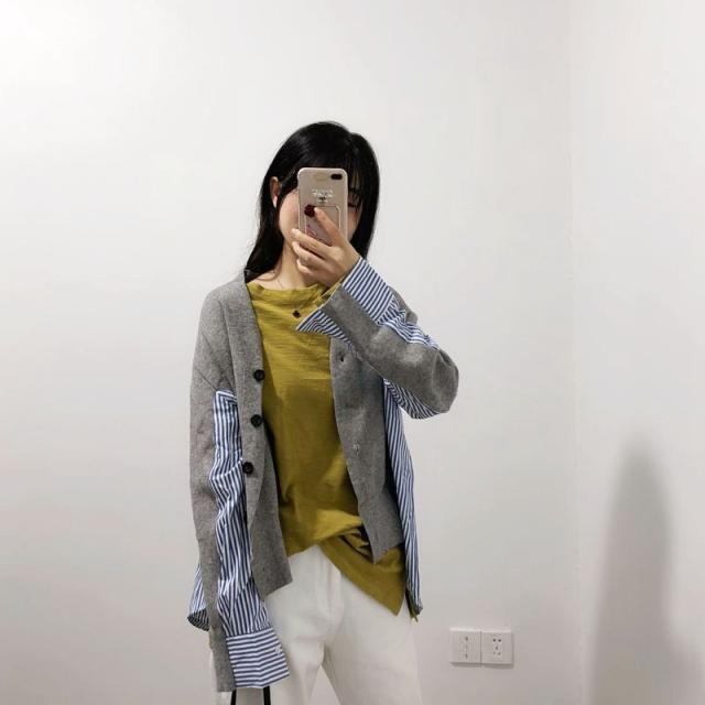 スタイリッシュ ストライプブラウス Mix カーディガン カジュアル 重ね着風 ゆったり おしゃれ Vネックの通販はau Pay マーケット I Want To Be