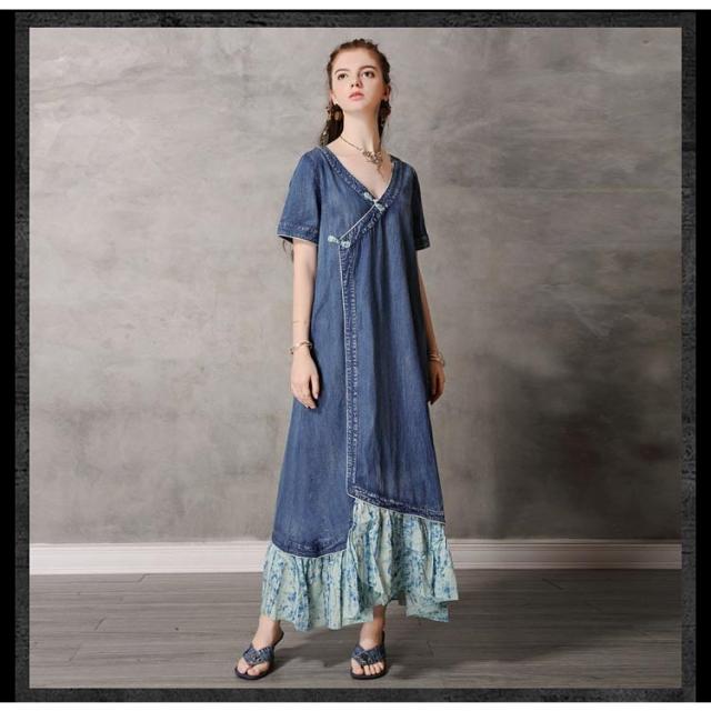 デニムワンピース コーデ 40代 半袖ワンピース 夏 ドレス レトロ 刺繍 チャイナ風ワンピース マキシ デニム ワンピース ノースリーブの通販はau Pay マーケット I Want To Be