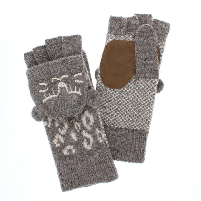 ２WAYニット手袋 豹柄 アニマル タスマニアラム使用 レディース フリーサイズ ミトン 指先カット スマホ かわいい 暖かい 2WAYニット手袋 豹柄 アニマル タスマニアラム使用 レディース
