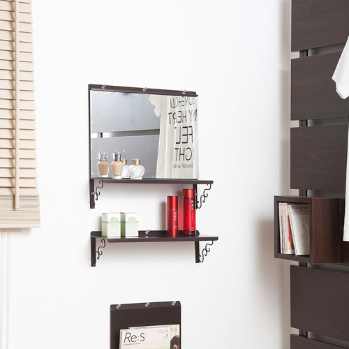 押しピン固定式 壁掛けドレッサーミラー＆壁掛け棚セット 幅40cm 石膏