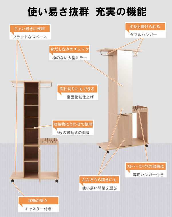 ミラー付ハンガーラック 幅80.5cm キャスター付 ダブル コート ミラー付ハンガーラック 幅80.5cm キャスター付 ダブル コート