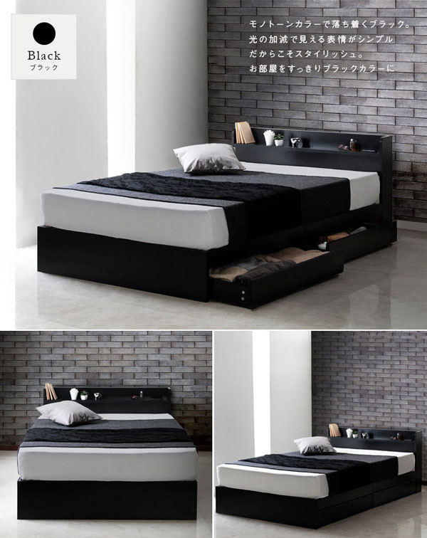 RUES【ルース】棚・コンセント付き収納　クイーンベッド　フレーム　2カラー RUES【ルース】棚・コンセント付き収納 クイーンベッド フレーム 2