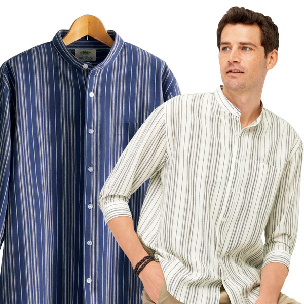 麻入り ストライプ柄 バンドカラーシャツ 同サイズ2色組 7分袖シャツ 胸ポケット付 ゆったり設計 春夏秋 40代 50代 60代 957927