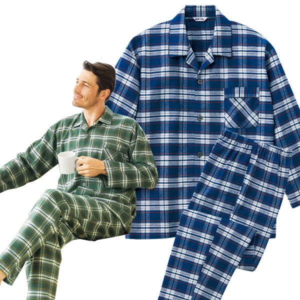 日本製熟成綿暖か裏起毛パジャマ 同サイズ2色組 ふんわりやわらか部屋着 播州織 メンズ 秋冬春 40代 50代 60代 955409