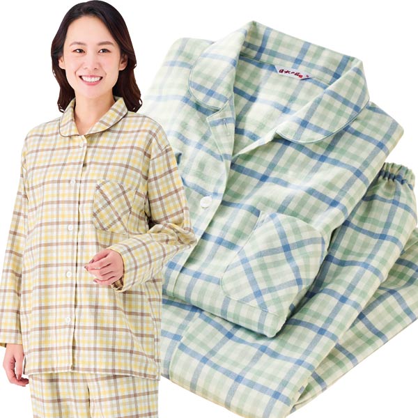 日本製 無撚糸パジャマ 同サイズ2色組 ふんわり柔らか 播州織 秋冬春 レディース 婦人服 961527