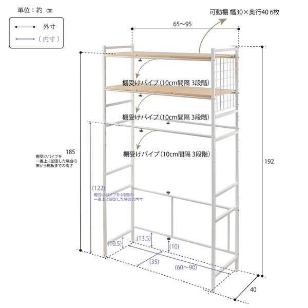 伸縮式ランドリーラック 洗濯機上収納 横幅65〜95cm ドラム式 伸縮式ランドリーラック 洗濯機上収納 横幅65〜95cm ドラム式