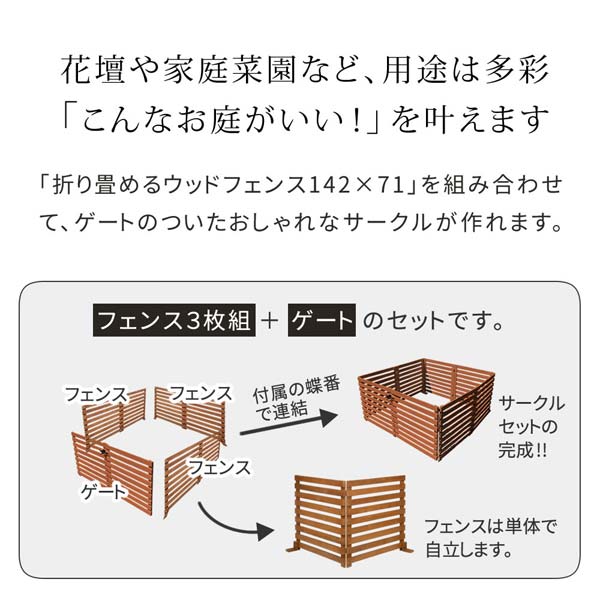 折り畳めるウッドフェンス ゲート付サークルセット 幅142.5cm×高さ71cm 3枚組＋ゲートセット 横ボーダー WF-142YKGS_1