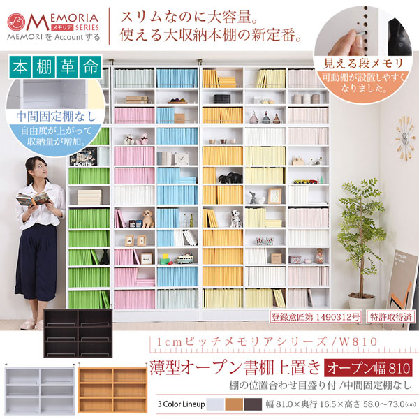 本棚 薄型オープン書棚上置き 幅81cm 奥行16.5cm MEMORIA 棚板が1cmピッチで可動する自在な棚割り FRM-0104-JK_1