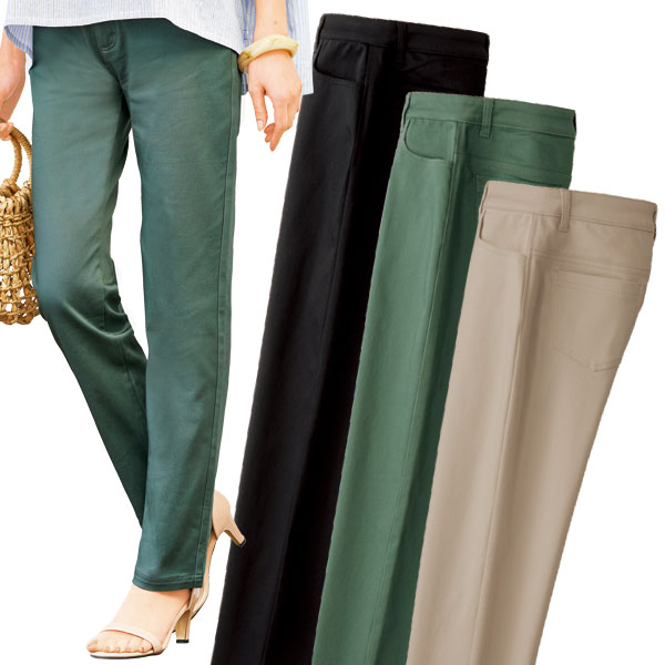 綿サテンパンツ 同サイズ3色組 選べる股下 ストレッチ素材 多機能パンツ レディース 春夏秋 961890