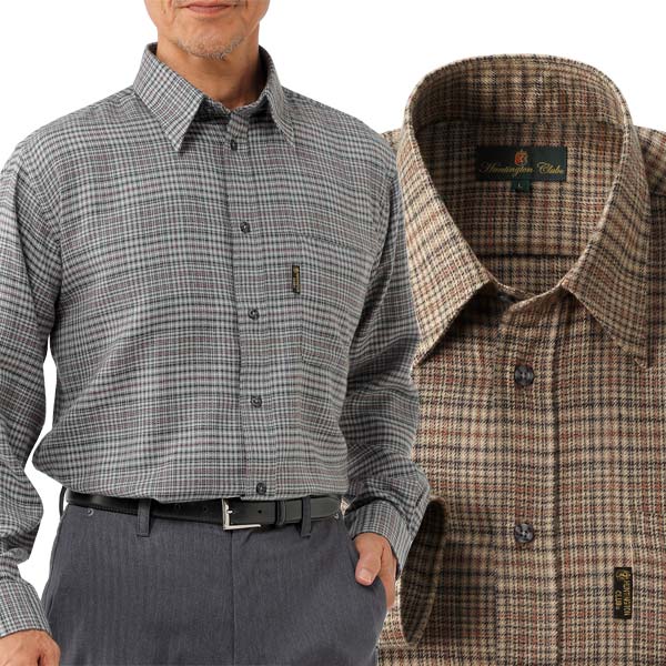 HUNTINGTON CULB ハンティントン・クラブ ウール混カジュアルシャツ 同サイズ2色組 長袖 格子柄 チェック柄 左胸ポケット付 秋冬春 メンズ 40代 50代 60代 318-8671K-HA