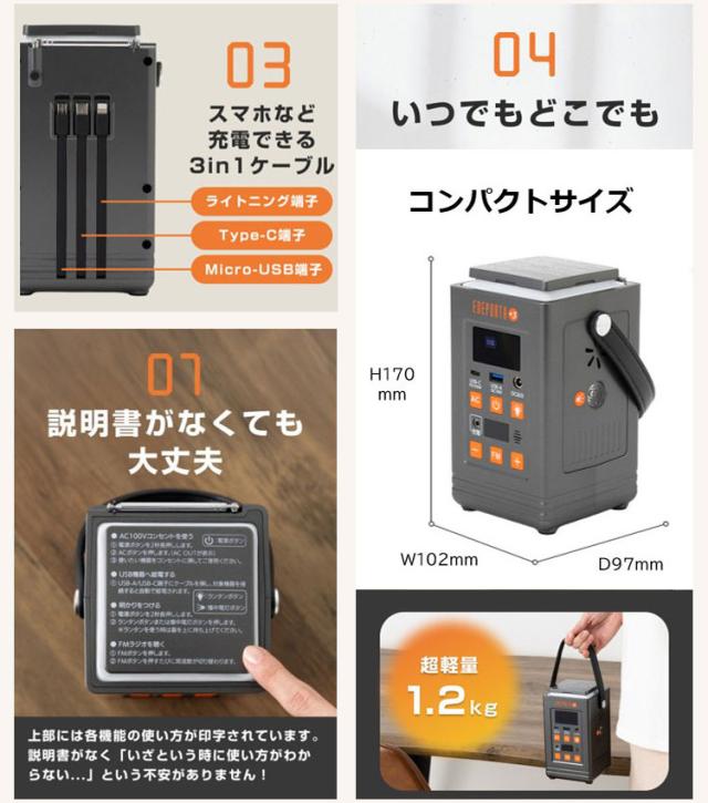 リン酸鉄バッテリー搭載 多機能ポータブル電源 ENEPORTA+3 プラススリー 軽量 小型 防災 停電 家庭用 非常用電源 懐中電灯 EPR-301