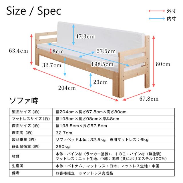 湿気対策 天然木 すのこ ソファベッド マットレス付 シングルベッド 伸縮式 低ホルムアルデヒド シオン JAJAN SFB-200M_8