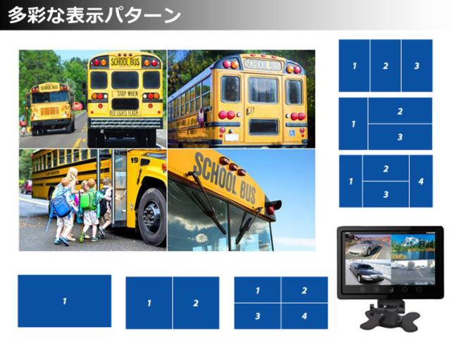 9インチ4分割モニター+車載カメラ4個セット 9インチ大画面 4分割表示対応 粘着式小型カメラ4個 穴開け不要 粘着式 MN90UFOCS4_5