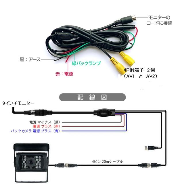 9インチモニター+バックカメラ+20mケーブル 3点セット 4pinタイプ 電源1箇所に纏める 24V/12V対応 OMT90NEWSETPRO_8