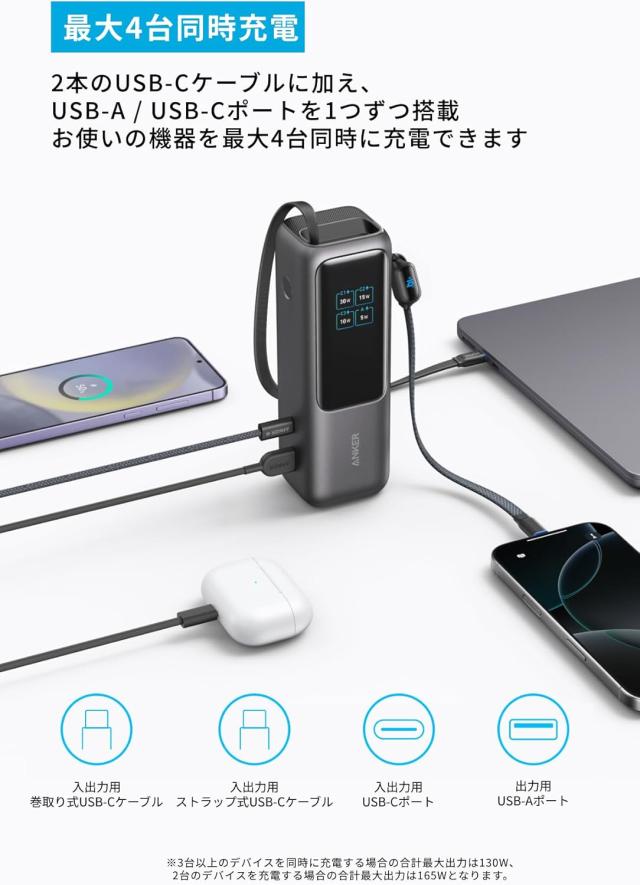 Anker Power Bank | 25000mAh, Built-In & 巻取り式USB-Cケーブル 