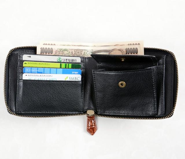 カイマン 牛革 ショートラウンド財布 ブラウン ワニ革コンパクト財布