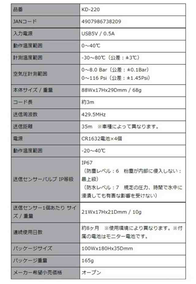 市場 カシムラ KD-220 タイヤ空気圧センサー 車用品 バイク用品 4907986738209