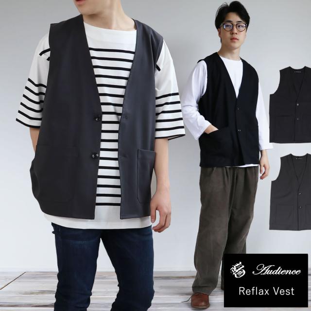 オーディエンス Audienceリフラクス テック リネンライク ツイル ストレッチ ノースリーブ ベスト ( aud7193 ) ワイドシルエット 日本製 メイドインジャパン リラックス シワになりにくい 大人カジュアル 無地 キレイめ モード ビジネス メンズ おしゃれ アーベン