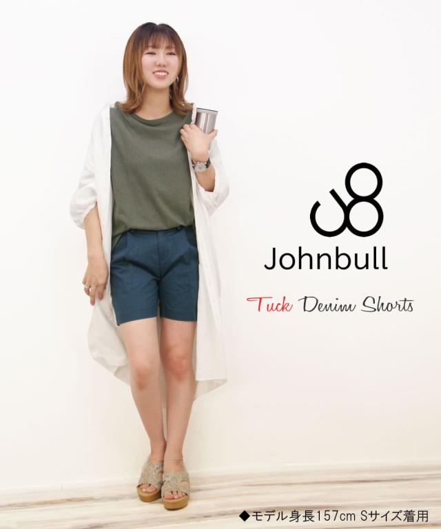 ジョンブル レディース Johnbull タック デニムショーツ ap203 ジーンズ ジーパン ひざ上丈 膝上 ショートパンツ ハーフパンツ ショーパン ワークパンツ トラウザー ジーンズ ブルー John bull おしゃれ アーベン 美脚効果 普段使い_2