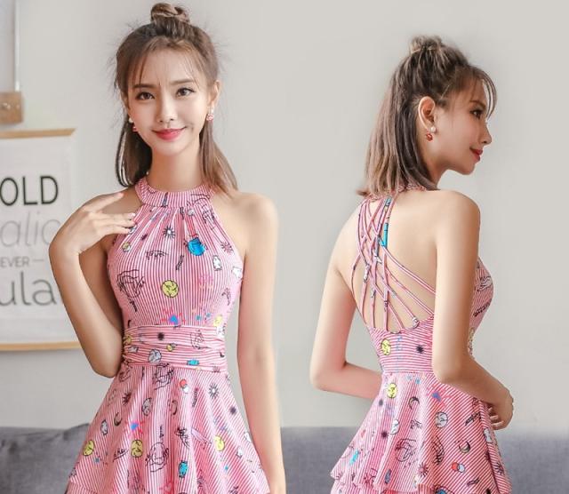 18夏新作 レディースファッション 水着 ワンピース水着 ホルターネック バックレースアップ ミルフィーユフレアー ピンク ブルーの通販はau Pay マーケット Uselect