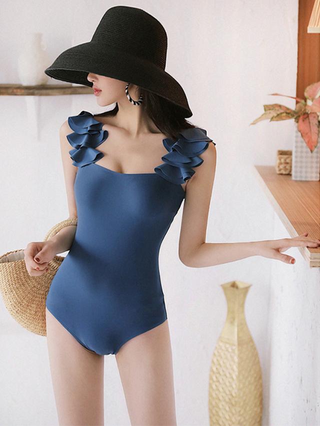 19夏 水着 レディース ワンピース モノキニ 無地 レトロ フリルストラップ おしゃれ カップ付き シンプル ブルーの通販はau Pay マーケット Uselect