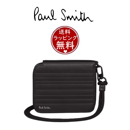 ポール・スミス Paul Smith 財布 シャドーストライプ レザー ネックラウンドジップ 2つ折り財布 ユニセックス ブラック - 折りたたみ財布