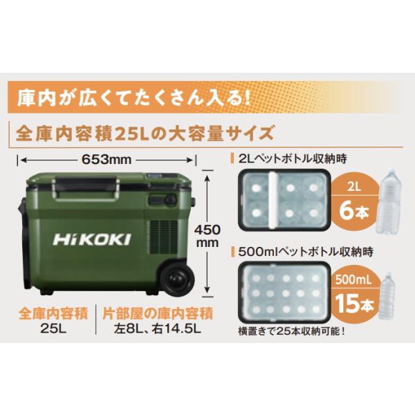 HiKOKI ハイコーキ 18V コードレス冷温庫 大容量25L UL18DBA WMGZ フォレストグリーン バッテリーBSL36B18X 2個付き 急速充電器UC18YDML付き 本体1年保証付_4