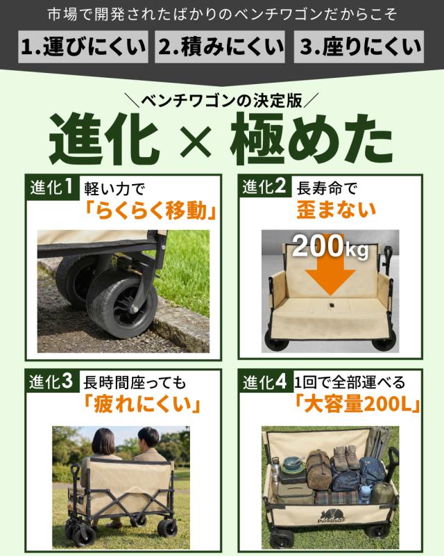 ベンチワゴン アウトドア ワゴン ベンチ 220L 便利 ワゴン 1台２役 アウトドアチェア アウトドアベンチ キャリーワゴン 座れる Wハンドル_2