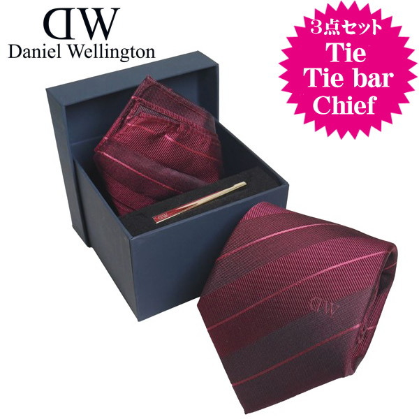 Daniel Wellington ダニエルウェリントン メンズネクタイ チーフ タイバー3点セット ワインレッド系 ストライプ DW02800006